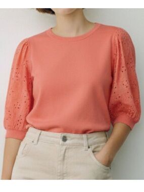Nanette Lepore Coral Eyelet Puff-Sleeve Top